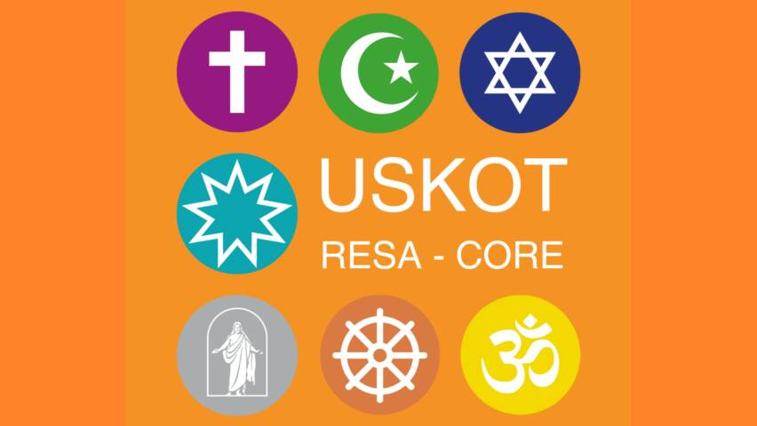 uskot-foorumin logo, jossa eri uskontojen tunnuksia