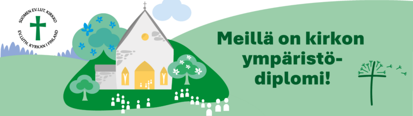 piirroskuva, jossa kirkon ympärillä kasvillisuutta ja teksti 'meillä on ympäristödiplomi'