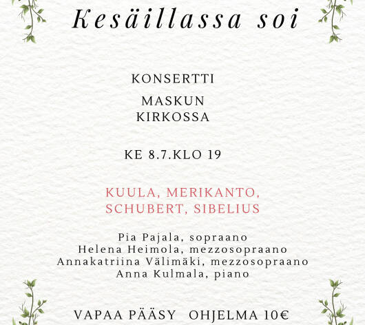 Konsertin mainos; kukka-aiheisia koristeluja.