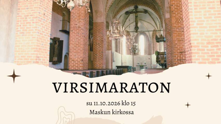 Virsimaraton Maskun kirkossa. Yläosassa kuva kirkon alttariosasta Nousiaisissa.