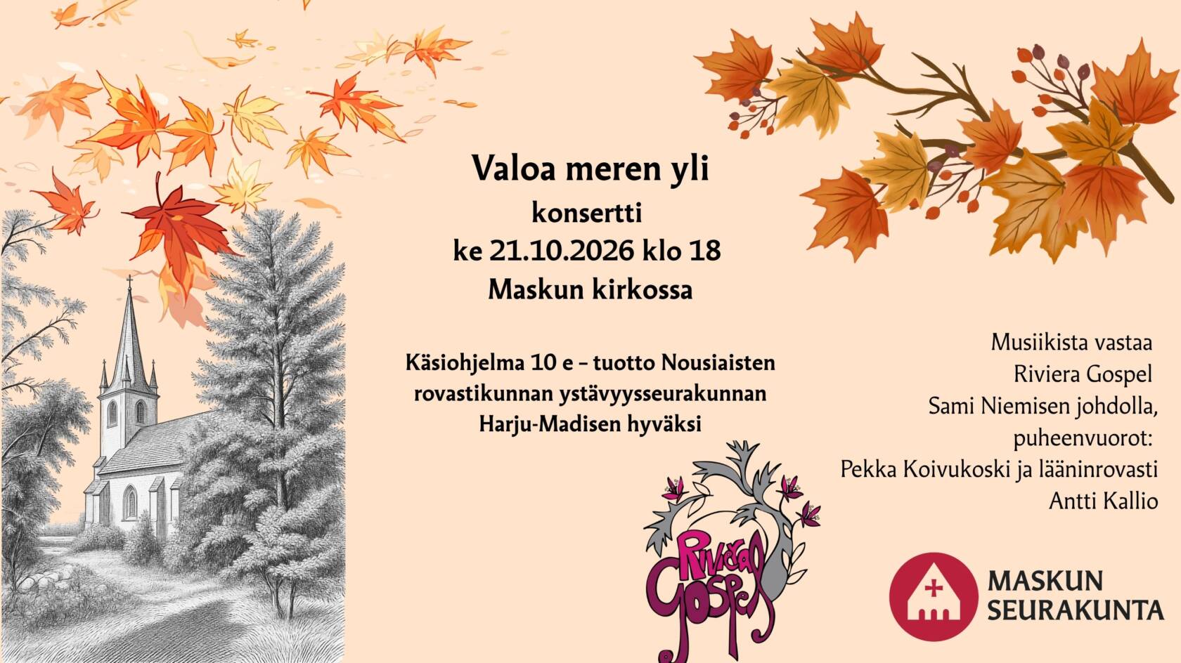 Harju-Madisen kirkon konepiirroskuva, konsertin esittely ja syksyn lehtiä.