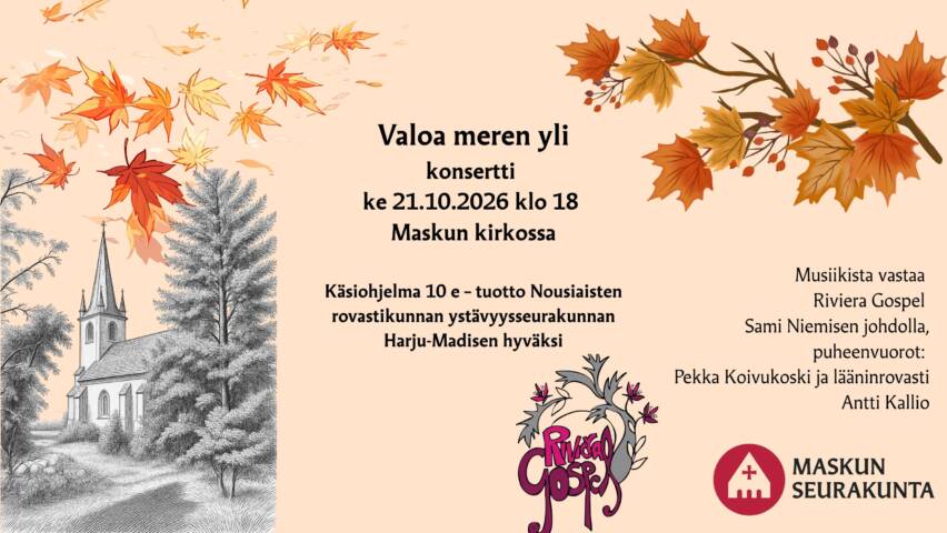 Harju-Madisen kirkon konepiirroskuva, konsertin esittely ja syksyn lehtiä.